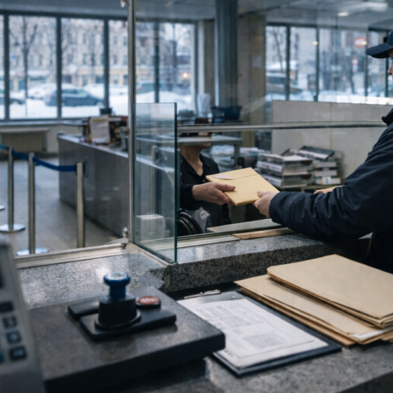 Ukrainian administrative service center document workflow scene, winter daylight, no text