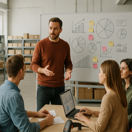 Founder and team planning business scaling in a modern Ukrainian workshop and fulfillment area, no text