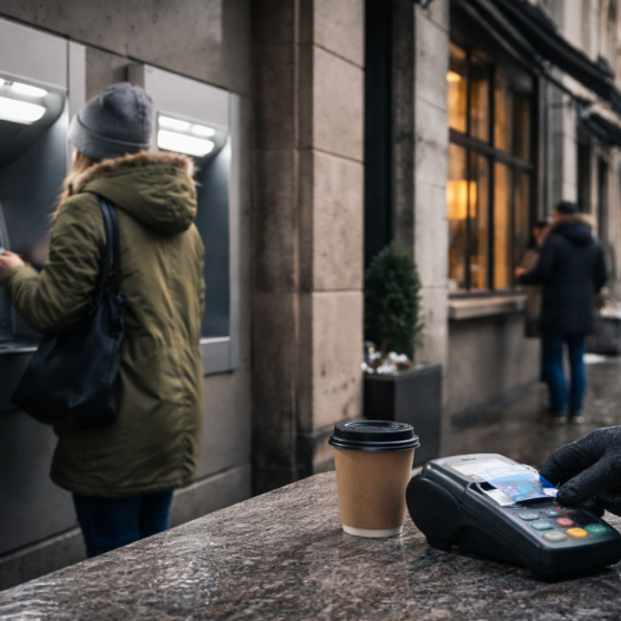 Winter Ukrainian city street near a bank ATM and a merchant payment terminal, everyday cashless payments, no text