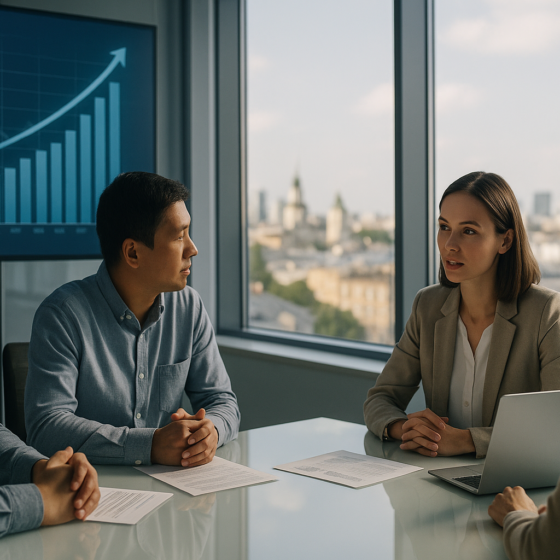 Corporate clients meeting with a banker in a modern Ukrainian bank office with rising loan portfolio charts on a screen