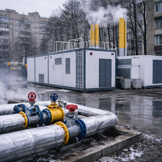 Containerized modular boiler house and compact cogeneration unit near apartment blocks in winter daylight, no text
