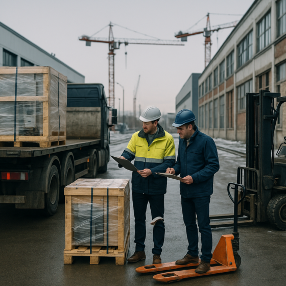 Industrial equipment unloading and on site inspection at a Ukrainian industrial park, no logos and no readable text