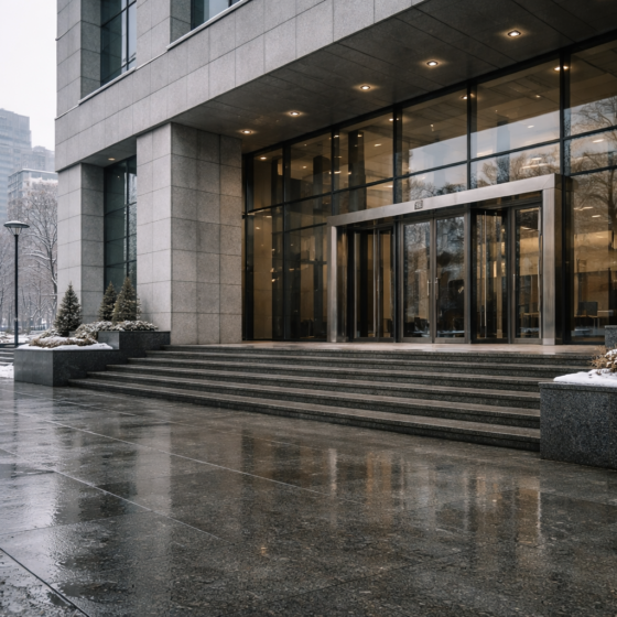 Winter exterior of a modern Ukrainian court building with a business district skyline, no text, no logos, no flags