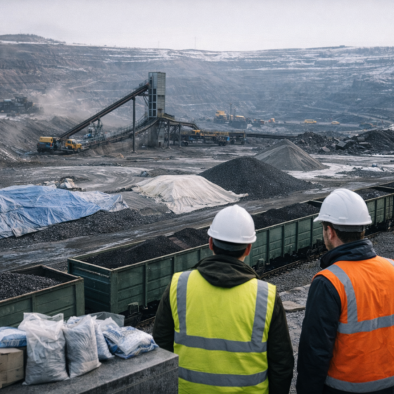 Mining and beneficiation site in Ukraine with conveyors and ore logistics in winter daylight, no text