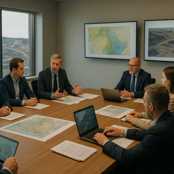 Experts and officials in a modern Ukrainian meeting room discussing critical minerals legislation with mining maps and charts
