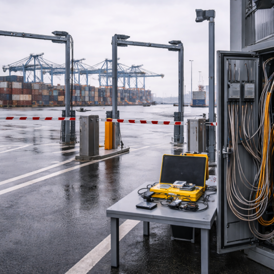Ukrainian seaport customs gate with automated lanes and secure network cabinet, no text