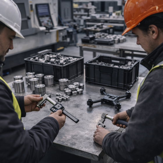 Ukrainian defence manufacturing workshop with technicians inspecting components, no readable text