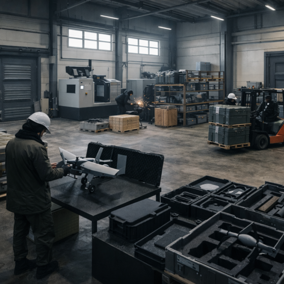 Secure Ukrainian defense manufacturing workshop with machinery and inspectors, winter daylight, no logos and no readable text