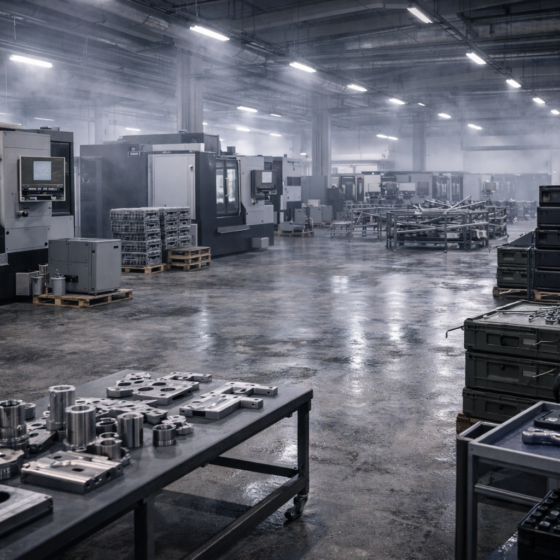 Defense manufacturing facility with CNC machines and inspection tables in winter daylight, no text or logos