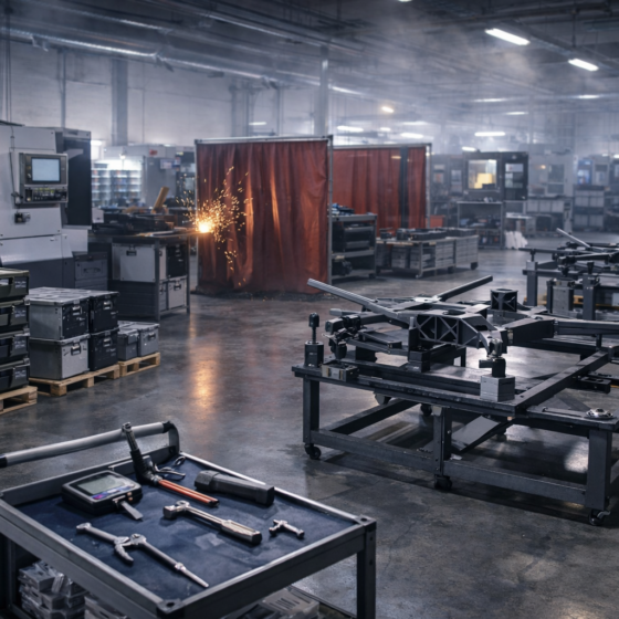 Industrial defense manufacturing workshop in Ukraine with machining and assembly equipment, no text or logos