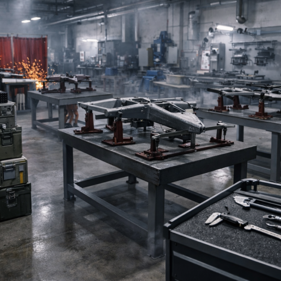 Ukrainian defense manufacturing workshop with drone assembly jigs and metalworking stations, no text
