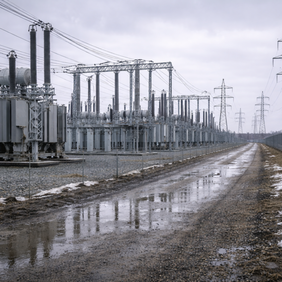 Cross-border high-voltage substation and transmission lines in Ukraine in winter daylight, no text