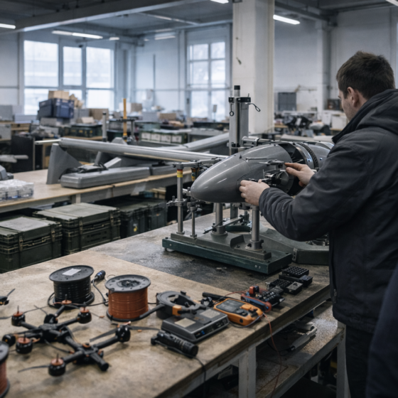 Hands on drone assembly and quality inspection inside a Ukrainian manufacturing facility, no logos and no readable text
