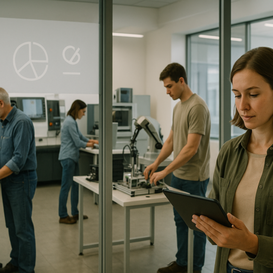 Modern vocational training and employment hub in Ukraine with adults learning advanced manufacturing skills, no logos and no readable text