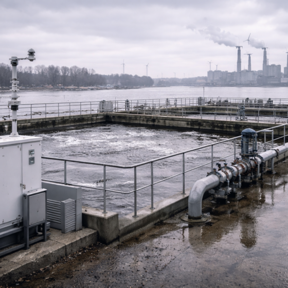 Ukrainian industrial riverfront environmental monitoring and water treatment site in winter daylight, no text, no logos, no flags