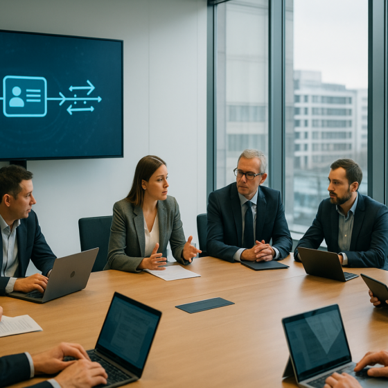 Experts in a Brussels meeting room discussing Ukraine EU digital integration with laptops and screens showing abstract data icons