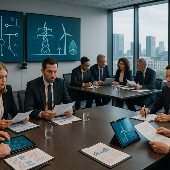 Ukrainian and EU energy officials in a modern conference room with power grid diagrams on large screens