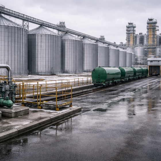 Modern Ukrainian grain silos and oilseed processing facility with rail logistics in winter daylight, no text