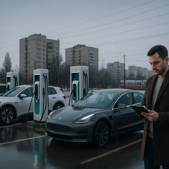 Electric cars charging at a Ukrainian roadside station while a policy analyst checks a tablet in winter