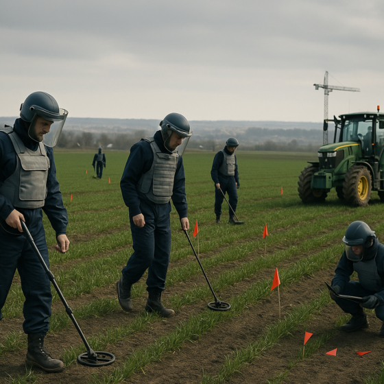 Demining specialists working on a Ukrainian farm field with crops and a tractor while marking mines