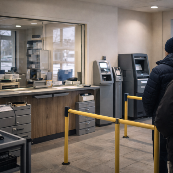 Renovated Ukrainian service point with secure teller window and cash desk improving access to banking, no text, no logos, no flags