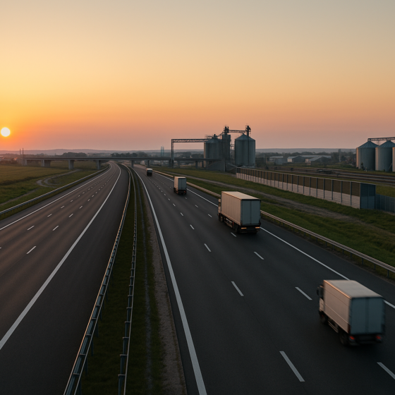 Modern four-lane motorway in Western Ukraine leading toward the EU border with trucks and cars on the road