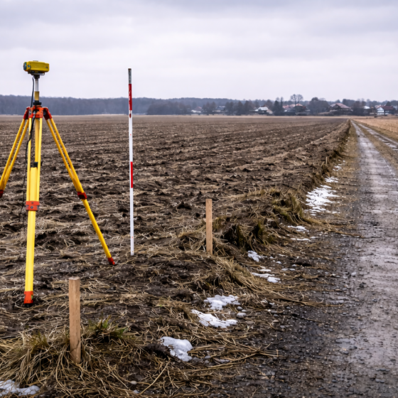 Ukrainian field boundary markers with land survey tripod in winter daylight, no text