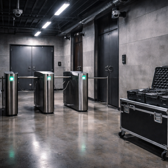 Licensed entertainment venue corridor in Ukraine with access control and security monitoring equipment, no text or logos