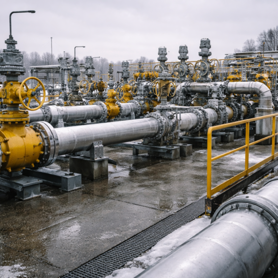 Ukrainian gas transmission interconnector and metering station in winter, industrial pipelines and valves, no text
