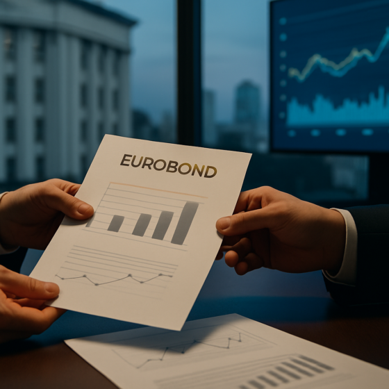 Financial documents and charts about Ukraine GDP-linked warrants and Eurobond exchange on a table in a modern Kyiv office