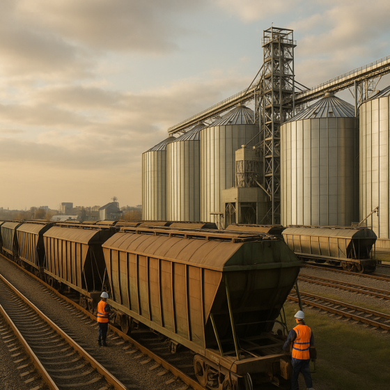 Ukrainian grain freight train with silos and logistics terminal in the background