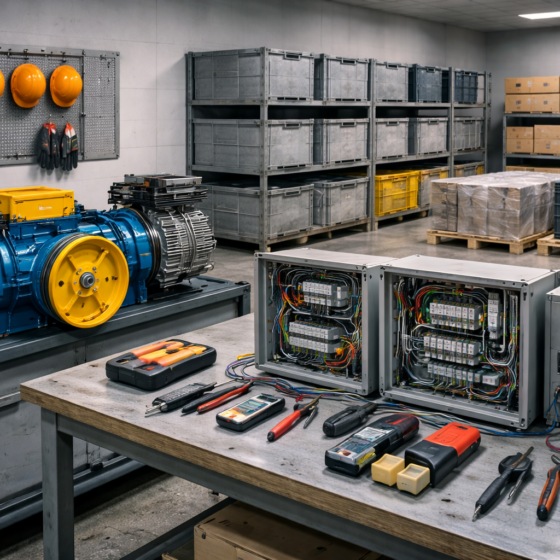 Ukrainian vocational maintenance workshop with elevator components and industrial tools, no text, no logos