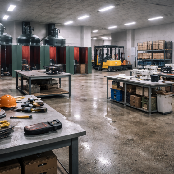 Ukrainian vocational training workshop with industrial equipment and safety gear, no text