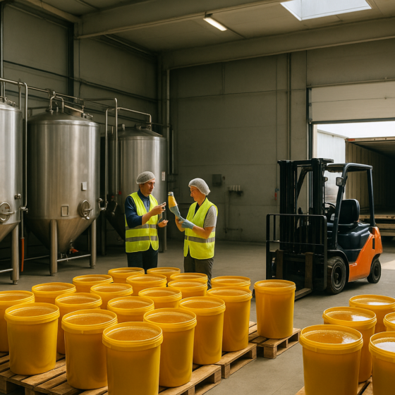 Workers inspecting barrels of Ukrainian honey ready for export at a modern processing plant