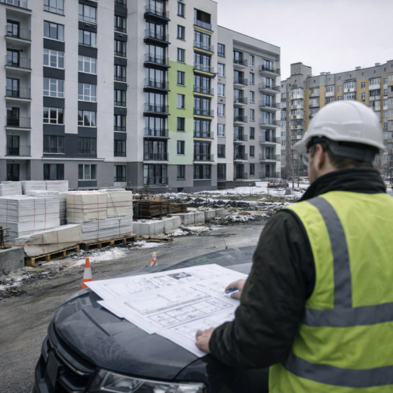 Winter residential district in Ukraine with new apartment buildings and an outdoor property inspection, no logos and no readable text