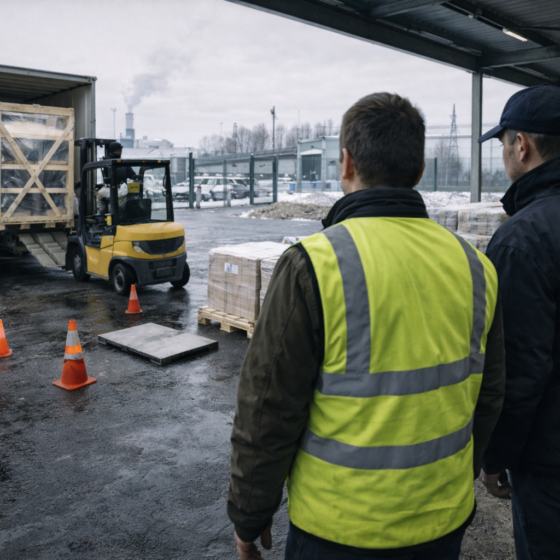 Industrial park logistics gate in Ukraine with machinery unloading and customs inspection in winter daylight, no text
