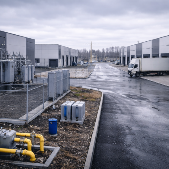 Ukrainian industrial park with factory buildings, logistics yard and power substation in winter daylight, no text