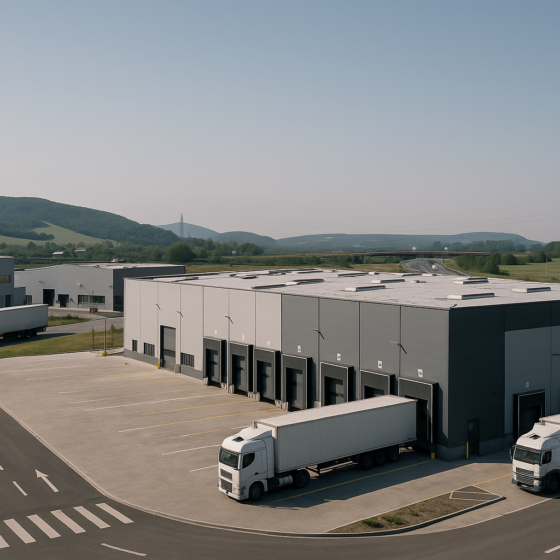 Modern industrial warehouses and light-industrial buildings in western Ukraine with trucks and logistics yard
