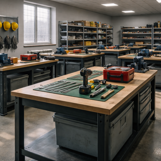 Ukrainian vocational training workshop with workbenches and safety gear, no text