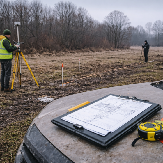 Land survey work on a rural Ukrainian plot with GNSS equipment and boundary markers, no logos and no readable text