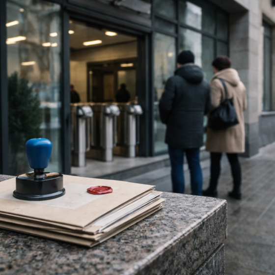 Winter exterior of a Ukrainian administrative service center with visitors entering, no text