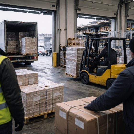 Winter logistics hub in Ukraine with warehouse loading operations and forklifts, no logos and no readable text