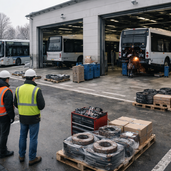 Modern Ukrainian bus depot upgrade with unbranded buses and maintenance equipment, winter daylight, no text