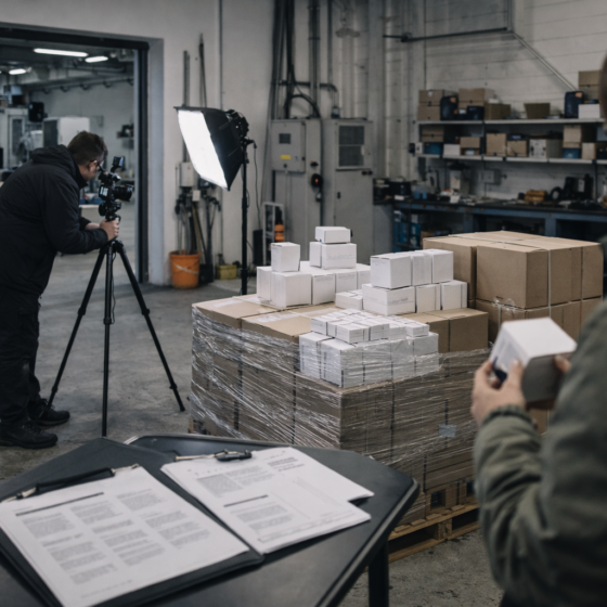 Industrial product photo shoot in a Ukrainian workshop and packing area, no logos and no readable text