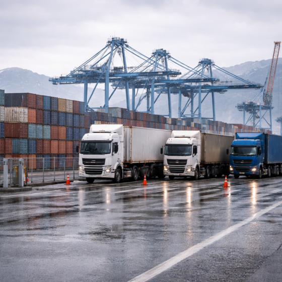 Cargo containers and trucks at a port customs lane with cranes, no text