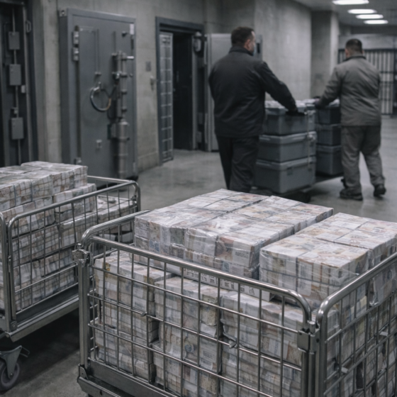 Secure Ukrainian cash processing corridor with sealed cash bundles and vault doors in winter daylight, no readable text