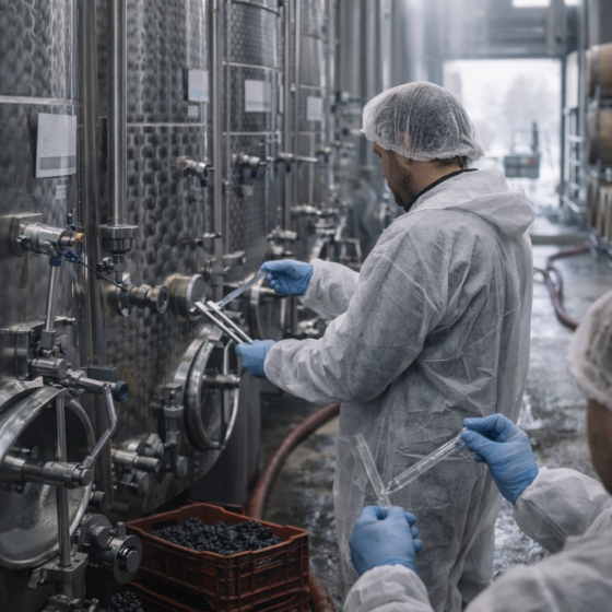 Winery production hall with fermentation tanks and barrels, workers checking equipment, no readable text