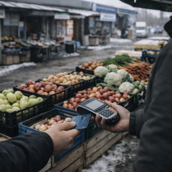 Open air market in Ukraine with a vendor using a card payment terminal, winter daylight, no readable text