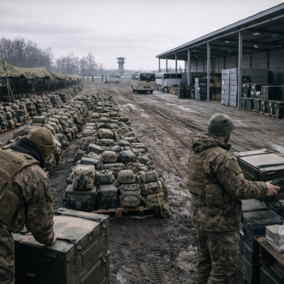 Ukrainian reserve training and logistics base in winter daylight, no text