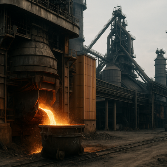 Molten metal being poured in a Ukrainian steel plant with workers and rolling equipment in the background